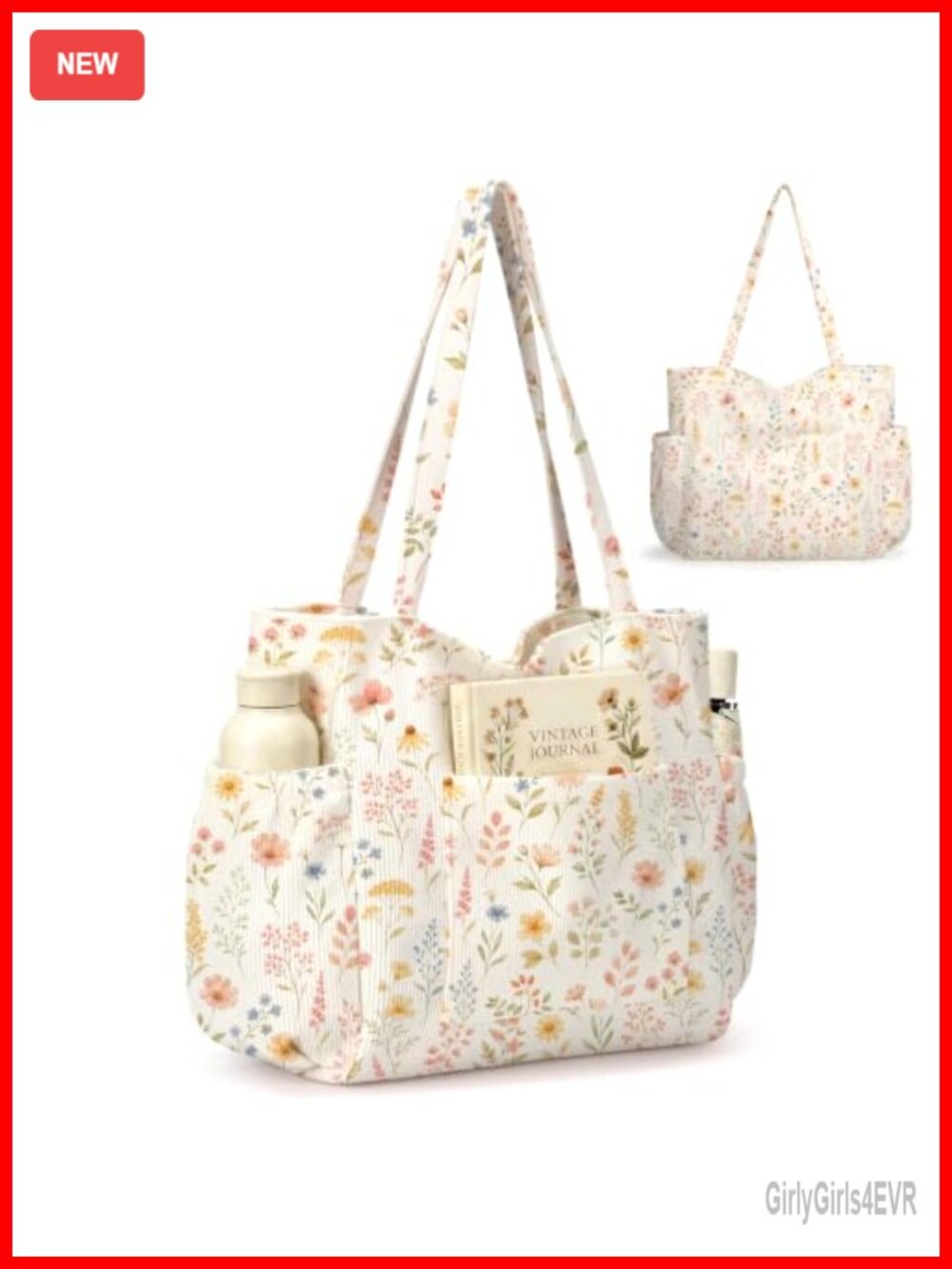 Corduroy Tote Bag for Women, Large Capacity Cute Handbag with 6 Pockets,
